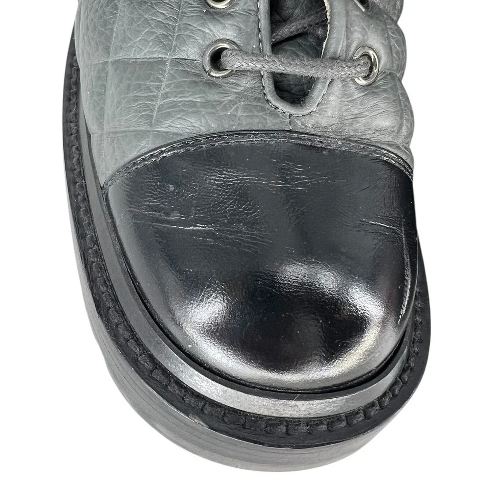 Chanel 2022 CC Chain Quilted Cap Toe Logo Combat Boots in Gray & Black Size 39.5